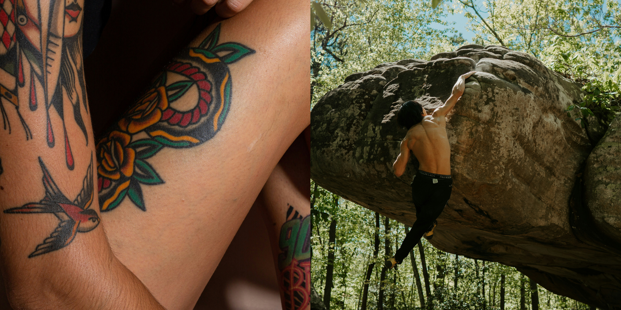 Tattooed women showing tattoos and outdoor bouldering with shirt off.
Photos from Unsplash